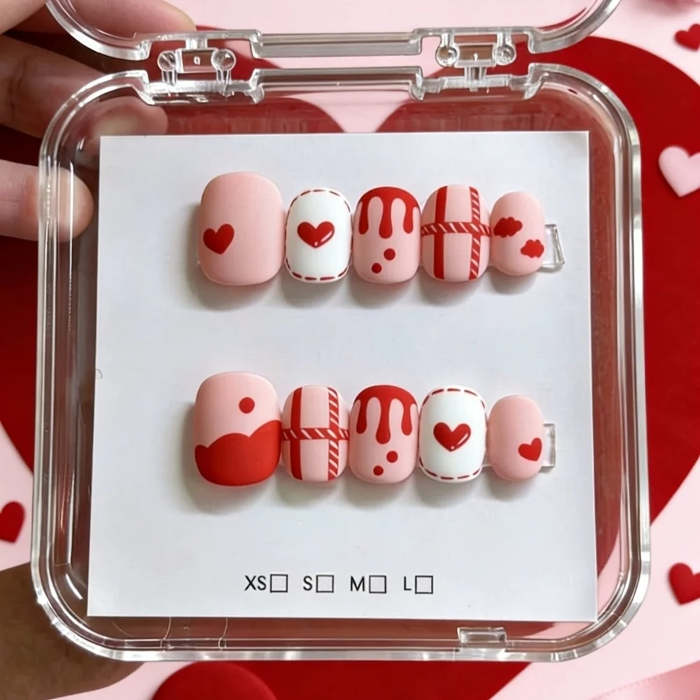 Romantic Red Heart Press On Nails Matte Nude & Drip Valentine Art  Size Small